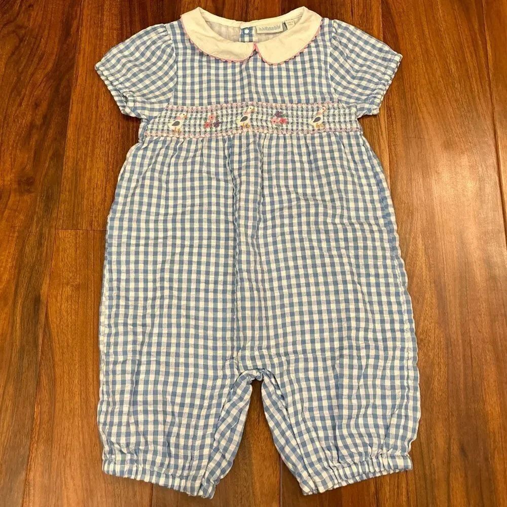 JoJo Maman Bébé Pretty Embroidered Duck Romper blue/white gingham jumpsuit NWT